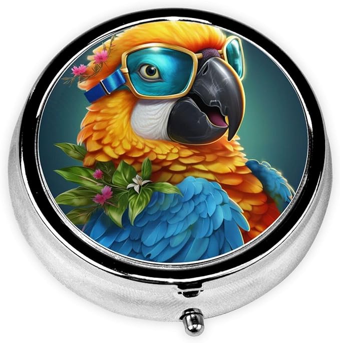 Watercolor PArrot Painting Pill Box 3 Compartment Pill Case, Portable Medicine Pill Organizer for Pocket Purse Pill Box Decorative Metal Medicine Vitamin Organizer