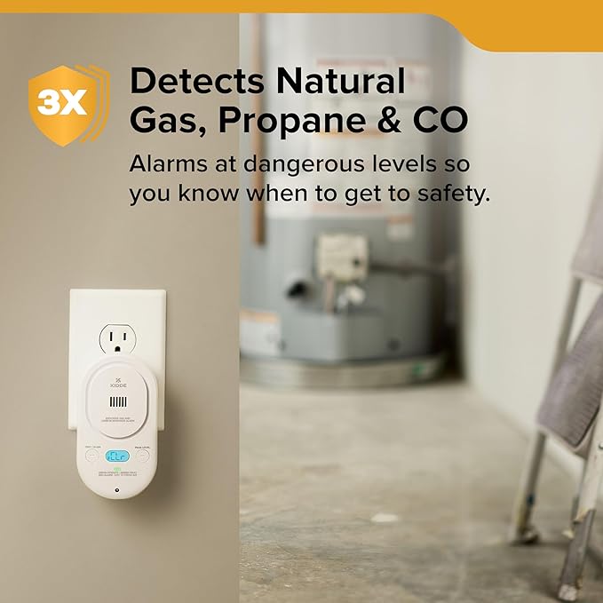 Kidde Carbon Monoxide + Explosive Gas, Natural Gas & Propane Alarm, Plug-in with AA Battery Backup, Digital Backlit Display, 85 dB Alarm, Rotating Plug, LED Status Indicators, 5th Edition, COPDLG