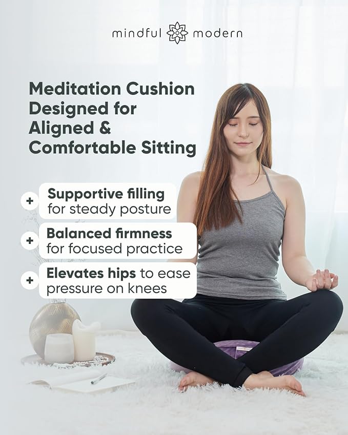 Mindful Modern Velvet Meditation Cushion | Luxe Zafu Yoga Floor Pillow Seat | Posture Support | Buckwheat Hull Filled | Large Round Cushion with Removable Washable Cover + Carry Handle