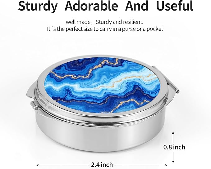 Dynippy Pill Case Pill Box with Mirror Pocket 3 Compartment Medicine Case Vitamin Pill Organizer for Pocket Purse and Travel (Round, Silver-Blue Marble Pattern)