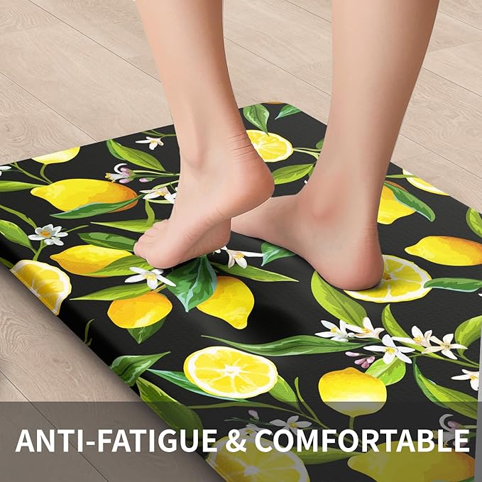 Lemon Kitchen Mats for Floor - Anti Fatigue Mats for Kitchen Floor, Cushioned Non-Skid Washable Memory Foam Rug for Office, Sink, Laundry (17.3"×47"×0.47") Black
