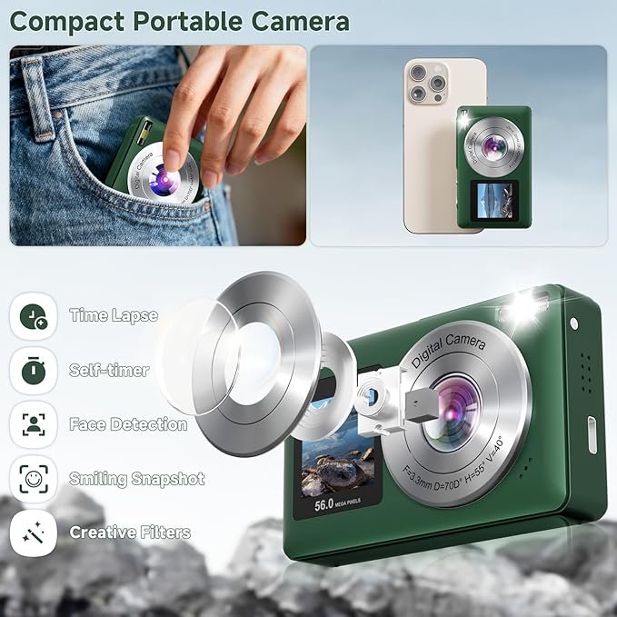 Digital Camera, 56MP 2.7K Dual-Screen Selfie Camera with 16X Zoom, 20 Filters & Anti-Shake, Portable Point and Shoot Digital Cameras with 32GB Card, Compact Travel Cameras for Beginners Teens Kids