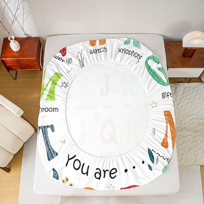 ABC Alphabet Fitted Sheet Queen Size, Learning Educational Bedding Set Cute Cartoon Funny Positive Words Bed Sheet Set for Kids Toddler Educational Bed Cover 3Pcs (No TOP Sheet)