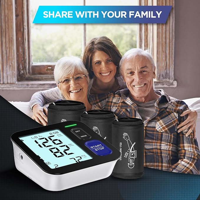 Blood Pressure Machine Upper Arm, 3 Size Cuffs, Small 7"-9", Medium/Large 9"-17" and Extra Large X-Large Cuff 13"-21", Accurate Automatic Digital BP Monitor Home Use, 4 AAA Alkaline Batteries Included