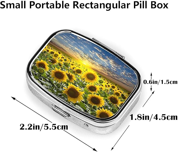 ABLESKY Pill Box, 2 Compartment Pill Organizer Case for Pocket or Purse, Small Portable Metal Travel Medicine Box with Mirror, Daily Vitamins Fish Oil Container-Sunflower