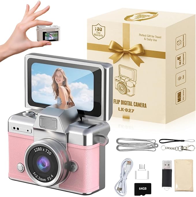 Vintage Mini Digital Camera Retro Mini Digital Video Keychain Camera Small Bodycam 1080P HD 0.96" IPS Screen Type-C 64G Card Included Portable for Photography Enthusiasts Travel (Pink)
