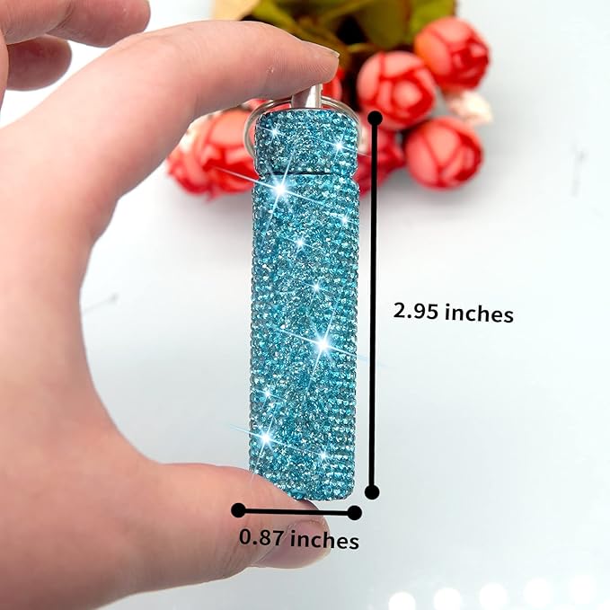 Yuchew Bling Pill Case Pill Container Rhinestone Pill Box Portable Waterproof Pocket Pill Holder Bottle Storage with Keychain for Travel, Outdoor, Camping (Blue)