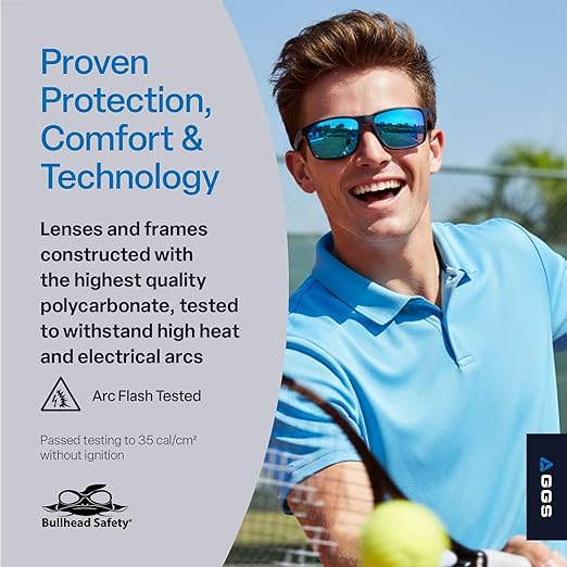 Bullhead Safety Eyewear Pompano Glasses - Anti-Fog, Lightweight, Impact/Scratch Resistant, UV Blocking Sunglasses for Cycling, Fishing, Driving, Blue Mirror/Shiny Black