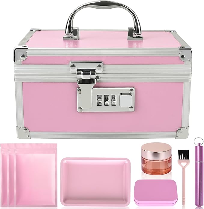 Travel Smell Proof Safe Locking Box With 6 PCS Accessories, Premium Medicine Organizers Case, Childproof Pill Box Organizer, Lock box for Valuables, Pink