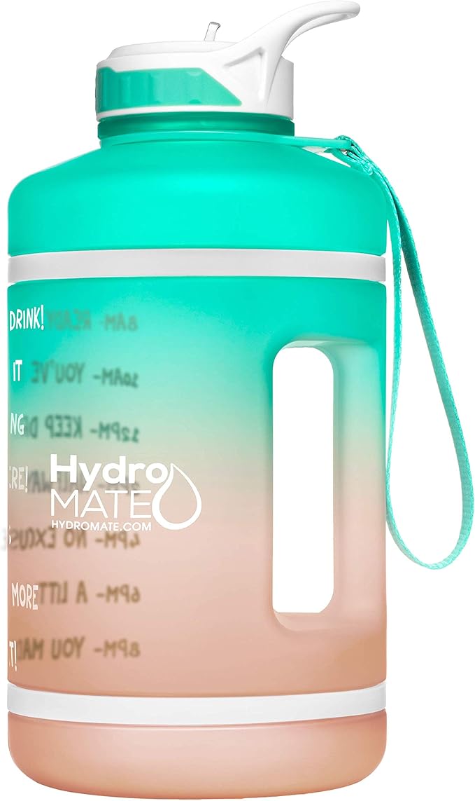 NatureWorks HydroMATE Half Gallon Water Bottle with Time Markers BPA Free Reusable Leak Proof Jug with Straw and Handle 64 oz