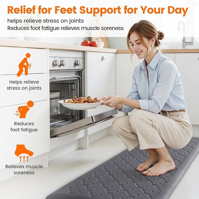 4/5 Inch Thick Anti-Fatigue Kitchen Mat Water Resistant Non-Slip Kitchen Floor Mat Ergonomic Comfort Standing Mat for Home Kitchen Office Laundry 17.3"x 47" Grey