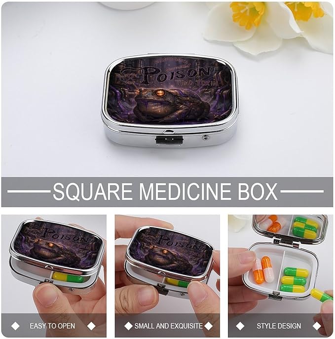 Metal 2 Compartment Pill Organizer Travel Friendly Portable Compact Pill Box Cute Pill Case,for Pocket Wallets Daily Portable Medicine Vitamin Tablet Storage (Dark-Colored Toad)