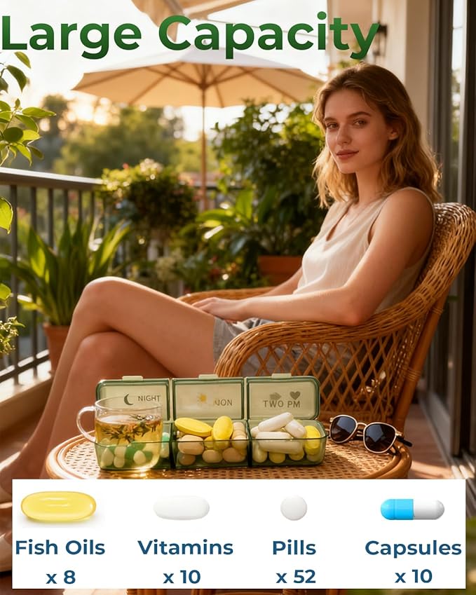 Weekly Medicine Pill Organizer 3X a Day, 7 Day 3 Times a Day Travel Pill Case for Purse, Cute Pill Box for Vitamins, Fish Oils, Supplements (Green)
