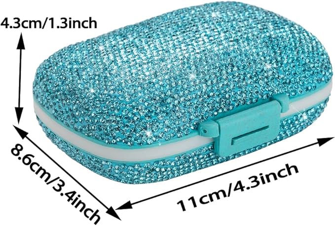 Daily 6 Compartments Pill Box Container Bling Diamond for Purse Medicine Container Holder for Women Travel Kit Medicine (Lake Blue)