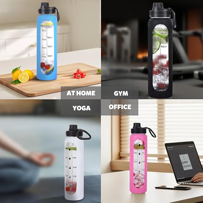 GIEMIT Glass Water Bottles 32oz with Silicone Sleeve Drinking Hydration Bottles Reusable Borosilicate Wide Mouth Motivational Water Flask Canteen with Time Marker Spout Lid and Brush