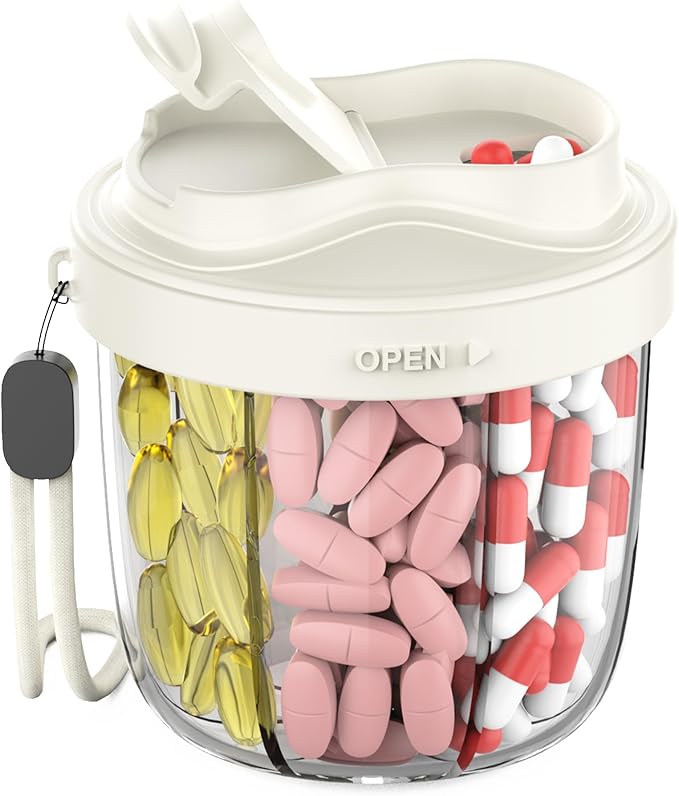 Pill Organizer with 7 Compartments, Pill Box Case for Holding 7 Different Vitamins, Anti-Mix Design for Easy Medication Retrieval. Travel Pill Organizer with 20 Labels. Cute Pill Dispenser（ Beige）