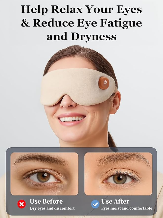 Heated Eye Mask, Cordless Warm Eye Compress for Dry Eyes, Birthday Christmas Gifts for Women Men, Washable Eye Heating Pad for Travel, Eye Relief, Improved Sleep (Khaki)