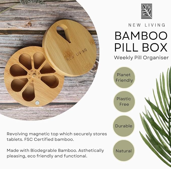 New Living Pill Organizer, Bamboo Box, 1 Compartment, Revolving Magnetic Top, Eco Product