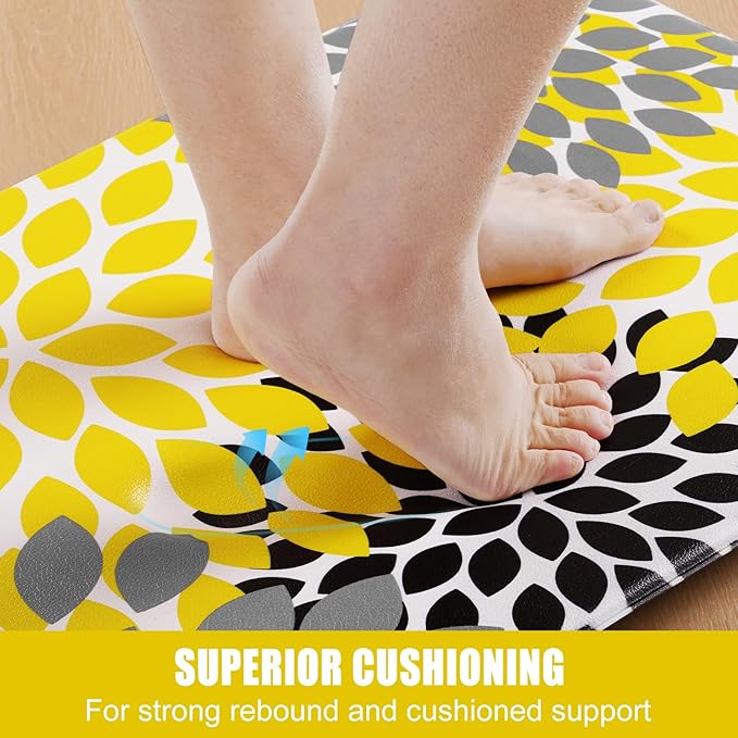 Likiyol Kitchen Mats for Floor [3 PCS] Anti-Fatigue Comfort Kitchen Rugs, Boho Flower Cushioned Waterproof Decor Mat Thick, Standing Floor Mats for Home/Office, 18''x30''+18''x48''+18''x60''(Yellow)