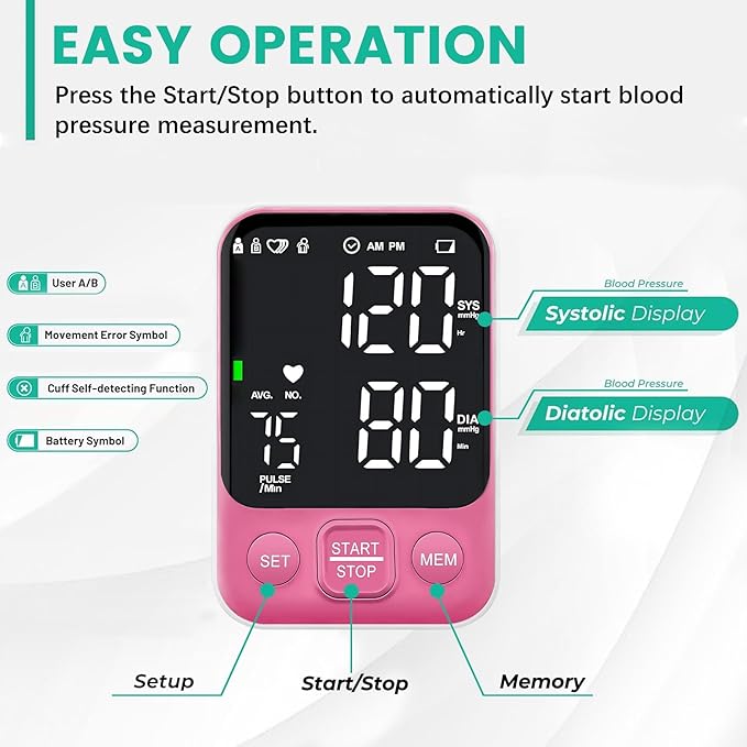 Blood Pressure Monitor Upper Arm Monitors for Home Use BP Machine with 2x120 Reading Memory Adjustable Arm Cuff 8.7"-15.7" Large Display with LED Background Light Storage Bag Pink