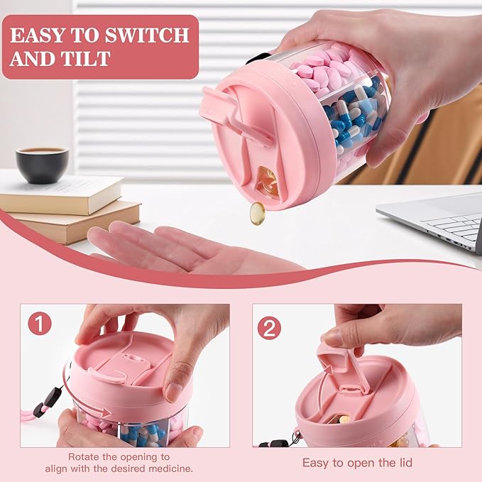 Pill Organizer,Travel Essentials Pill Container, Travel Pill Dispenser with Pink Lid，Pill Case Having 7 Large Compartments,Vitamin Organizer for Home Organization,Travel Containers
