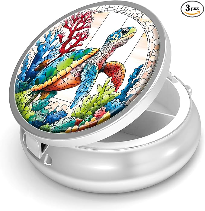 Pill Box-3 Compartment Small Pill Case for Purse & Pocket Mini Metal Pill Holder Travel Pill Container to Hold Supplements Vitamins BPA-Free (Sea Turtle)