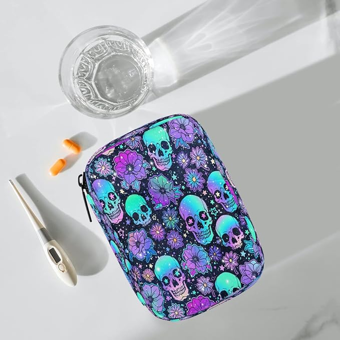 Skull Psychedelic Purple Pill Case Travel Pill Organizer Weekly 7 Day Portable with Zipper Medicine Box Pill Case for Vitamins, Birth Control,Fish Oils,Medication, Supplements
