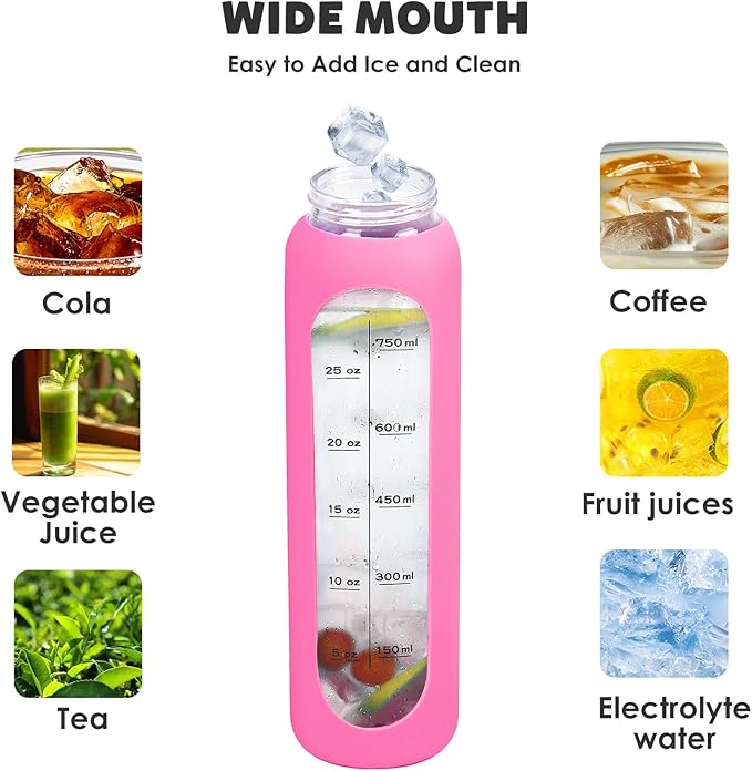 GIEMIT Glass Water Bottles 32oz with Silicone Sleeve Drinking Hydration Bottles Reusable Borosilicate Wide Mouth Motivational Water Flask Canteen with Time Marker Spout Lid and Brush (Rose Red-32 oz)