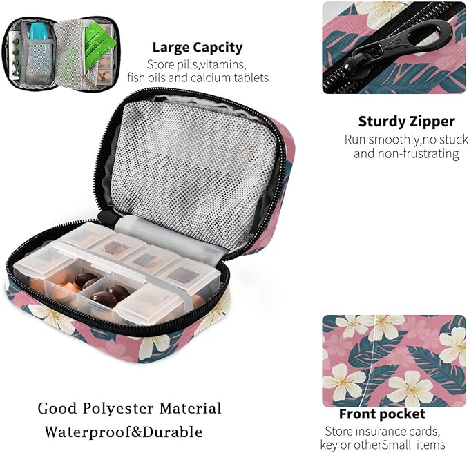 Fustylead Tropical White Hibiscus Floral and Palm Leaves Pill Organizer for Purse, Weekly Portable Pill Box with Zipper to Storage Vitamins Fish Oils Medications Supplements