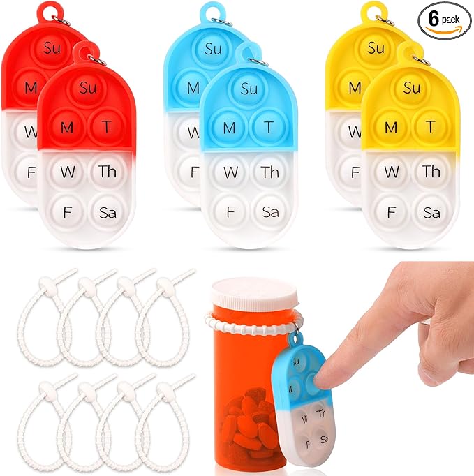 6 Pack Medication Pill Tracker Pill Reminder with Ties Reusable Daily Pill Tracker Portable Pill Bottle Tracker with Button 7 Day Memory Aid Medication Dose for Bottles The Elderly