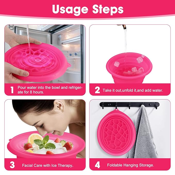 Face Bowl for Ice With Built-in Ice Tray Collapsible Silicone Facial Face Ice Bath Bowl Small Reusable Cold Plunge Basin is Portable,Perfect for Home Use,Camping,Travel Cold Bath Spa Tool & Rose