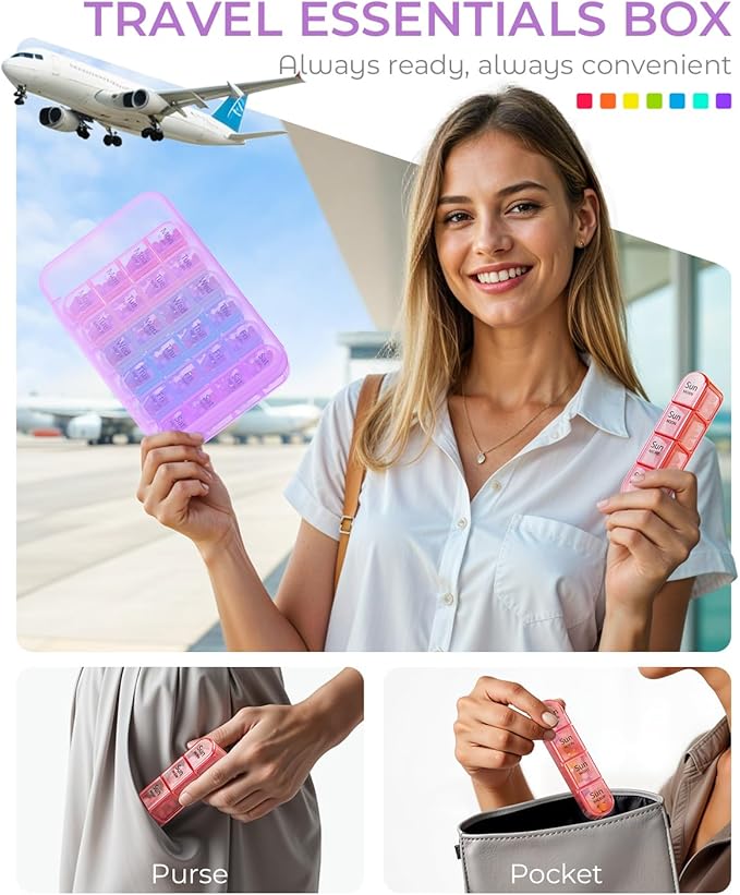 Odaro Weekly Pill Organizer 4 Times a Day, Daily Pill Box 7 Day, Large Travel Pill Case with 28 Compartment to Hold Medicine, Vitamin and Supplement - Purple Case