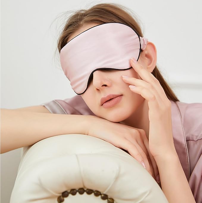 100% Mulberry Silk Sleep Mask for Women/Men Airplane Travel, Pure 22 Momme Silk Eye Mask Blackout for Sleeping, Ajustable, Luxury, Anti Wrinkle, Anti Aging Silk Blindfold, Made in USA (Pink)
