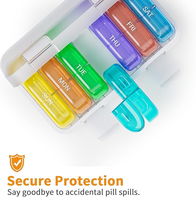 RICHCEE 14 Compartments Weekly Pill Organizer, Rainbow 7 Day AM PM Pill Box 2 Times a Day, Medicine Planner, Portable Removable Travel Pill Case for Fish Oil/Vitamin/Supplement Box(Rainbow)