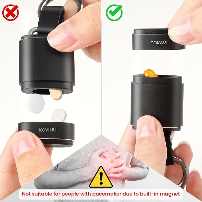 Keychain Pill Holder Necklace, KOVIUU Magnetic Pill Organizer, Aluminum Pill Case, Mini Metal Pill Box, Nitroglycerin Emergency Medicine Carrier Key Chain Container for Purse Pocket, Black