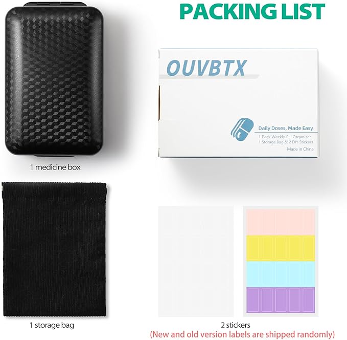 Travel Pill Organizer, Pill Organizer Travel with Labels and Storage Bag, 8 GRIDS Large Travel Pill Box, Moisture-Proof Airtight Daily Pill Case for Vitamin, Medicine, Fish Oil/Supplements, Black