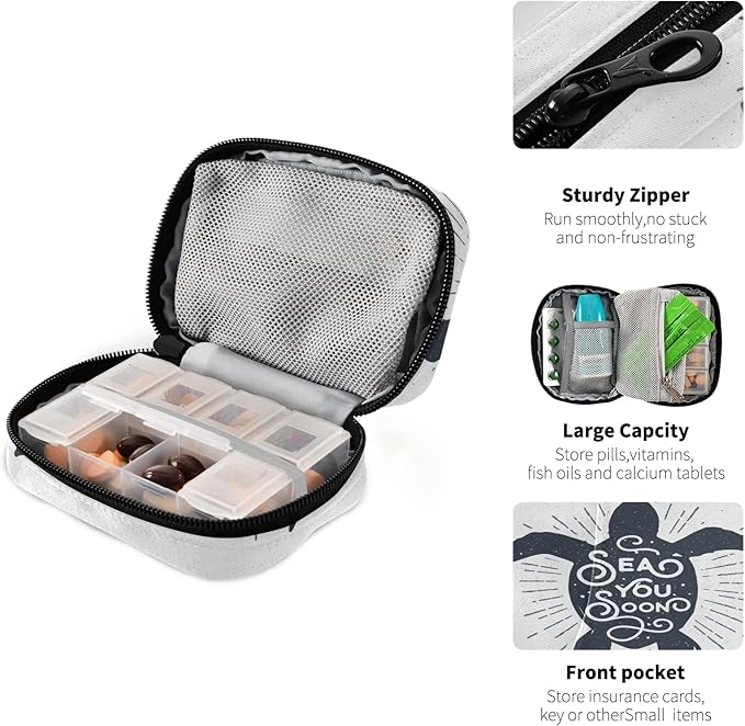 Hand Drawn Turtle Pill Box 7 Day Pill Case Travel Pill Organizer Bag with Zipper Portable Weekly Case Compact Size for Vitamin Supplement Holder
