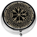 Black Celtic Viking Design Magical Runic Compass Vegvisir in The Circle of Norse Runes and Dragons Tattoo Decorative Round Silver Pill Box Pocket Medicine Tablet Holder Organizer Case for Purse