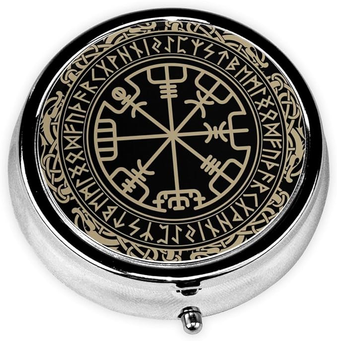 Black Celtic Viking Design Magical Runic Compass Vegvisir in The Circle of Norse Runes and Dragons Tattoo Decorative Round Silver Pill Box Pocket Medicine Tablet Holder Organizer Case for Purse