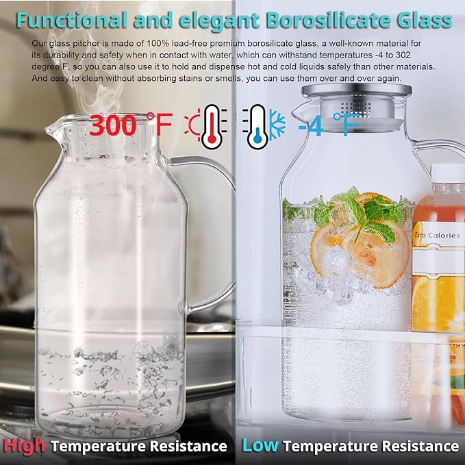 Bivvclaz 2.6 Liter 88 oz Glass Pitcher with Lid and Handle, Glass Water Carafe for Hot/Cold Water, Iced Tea Pitcher, Large Pitcher for Coffee, Juice and Homemade Beverage
