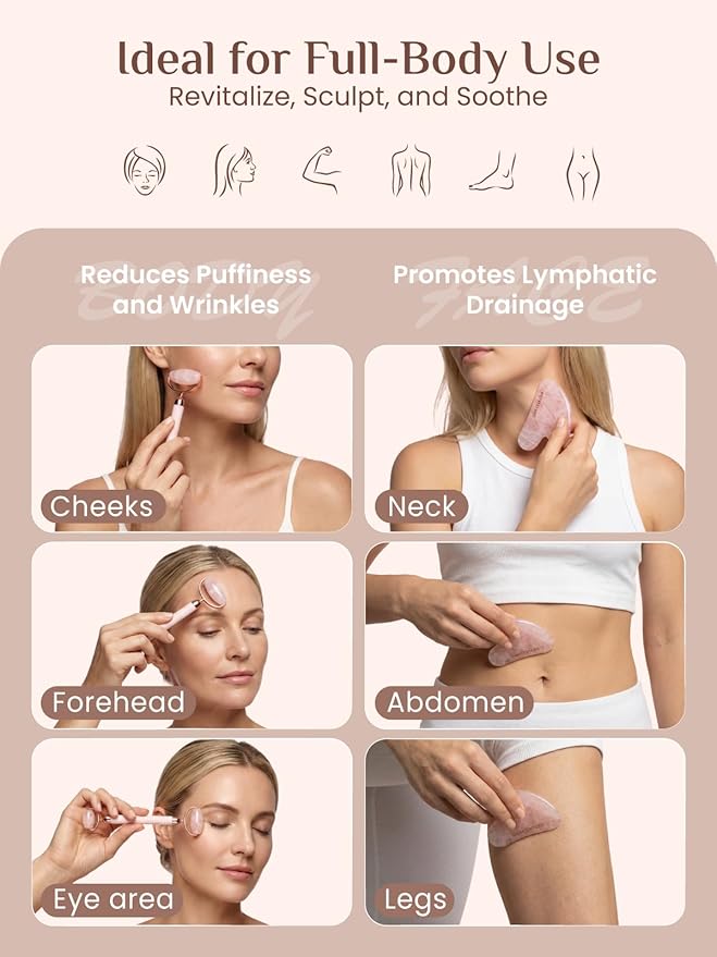 Rena Chris Gua Sha and Face Roller Set: Anti-Breakage Jade Roller for Long-Lasting Use, Jawline Sculpting and Puffiness Reducing, Gua Sha Facial Tools for Self Care Gift (Rose)