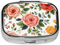 Simple Rose Pattern Pill Box with Mirror 2 Compartment Metal Square Small Pill Case for Purse Pocket Portable Pill Container Holder Travel Medicine Organizer for Vitamin Fish Oil Supplement
