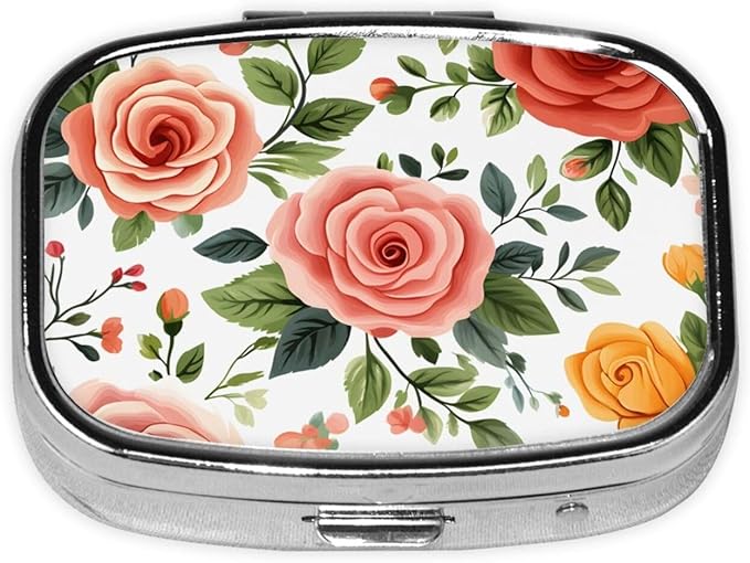 Simple Rose Pattern Pill Box with Mirror 2 Compartment Metal Square Small Pill Case for Purse Pocket Portable Pill Container Holder Travel Medicine Organizer for Vitamin Fish Oil Supplement