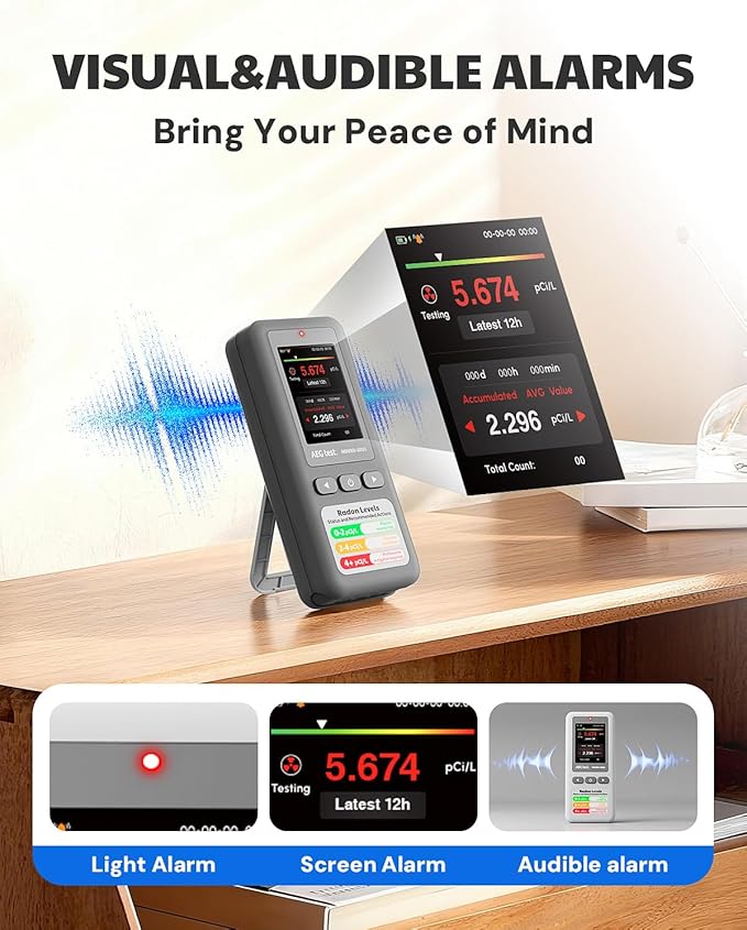 HOUND-1011S Portable Radon Detector, High-Accuracy Sensor for Home, Lightweight, Audible & Visual Alarms, Long-Term Monitoring, Easy-to-Use Radon Tester in pCi/L or Bq/m³ for Basement