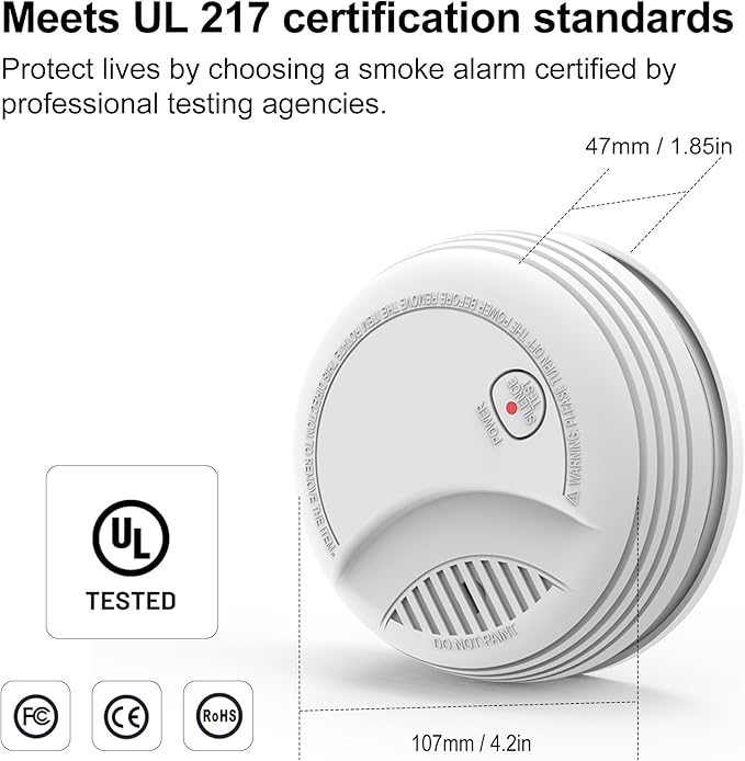 4 Pack Photoelectric Smoke Detector with 9V Battery Included Smoke Alarm, 10-Year Sensor, Test/Silence Button, Low Battery Warning, Easy Mount, Fire Alarm for Home Bedroom Living Room