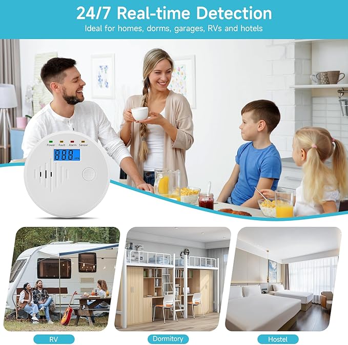 Carbon Monoxide Detector,Carbon Monoxide Alarm with LCD Digital Display Sound Light Warning,Battery Powered High Accuracy Co Gas Monitor Alarm Detectors for Travel Home Office Kitchen RV Hotel