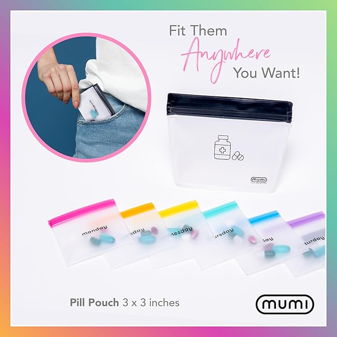 MUMI Ultimate Wellness Bundle - Pill Pouch Set and Single Dose Kit - 7pc Mini Pill Bags with 1 Large Zipper Pouch and 7pc Powder Supplement Packets with 1 Large Zipper Pouch