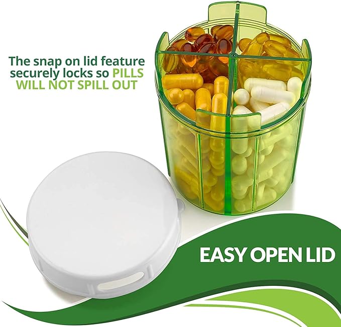 Round Pill Organizer Dispenser - Pack of 2 - Pill Boxes with 4 Compartments for Medication, Vitamins & Supplements Bottle Daily Pill Case Reminder Box