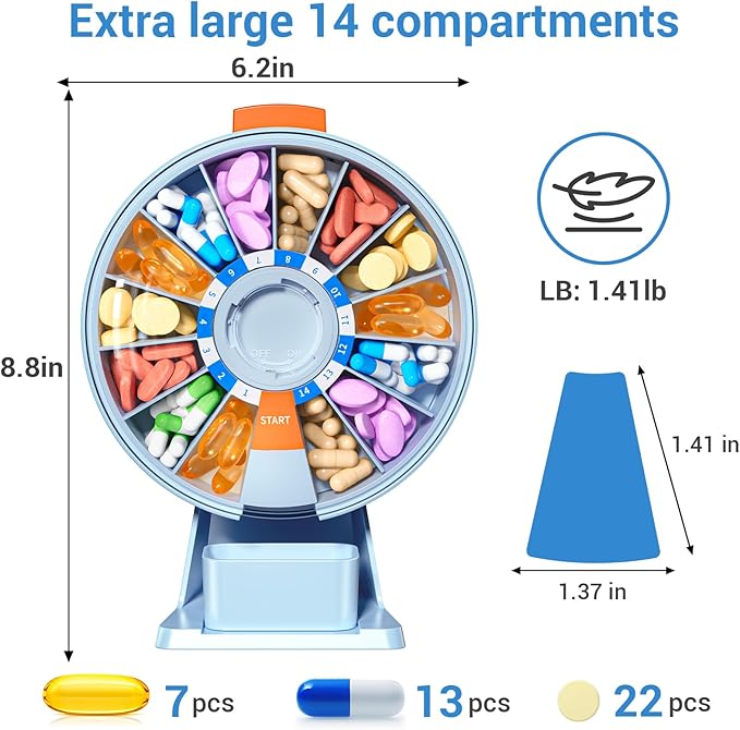 Zoksi Large Pill Organizer, Daily Pill Box for 7 or 14 Days, Wall-Mountable Pill Dispenser Hold for Medicine, Vitamin or Supplements, Weekly Pill Case with Easy Press Button (Blue)