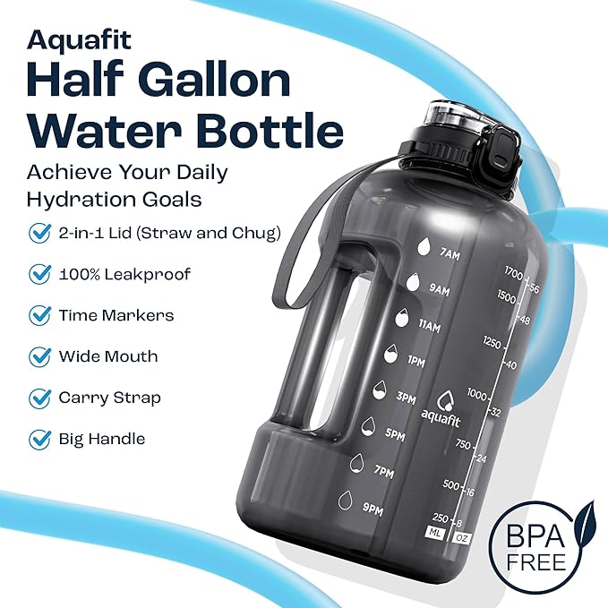 AQUAFIT Half Gallon Water Bottle with Time Marker - Straw & Chug Lid - BPA Free Gym Water Bottle with Straw - Big Gallon Jug (Clarity, 64 oz - 2in1 Lid)